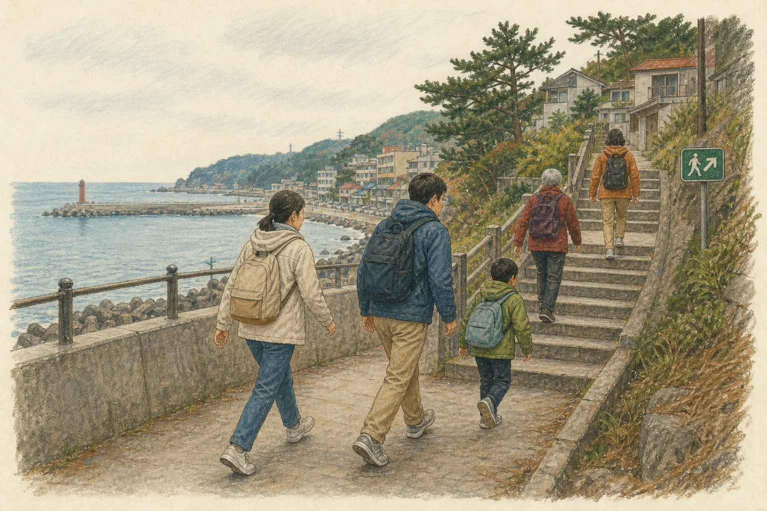 흔들림이 멈춘 한국 동해안 산책로에서 가족과 관광객이 잔잔해 보이는 바다를 등지고 작은 가방만 든 채 대피 표지를 따라 언덕 계단으로 올라가는 상황 재구성 (AI 생성 삽화)