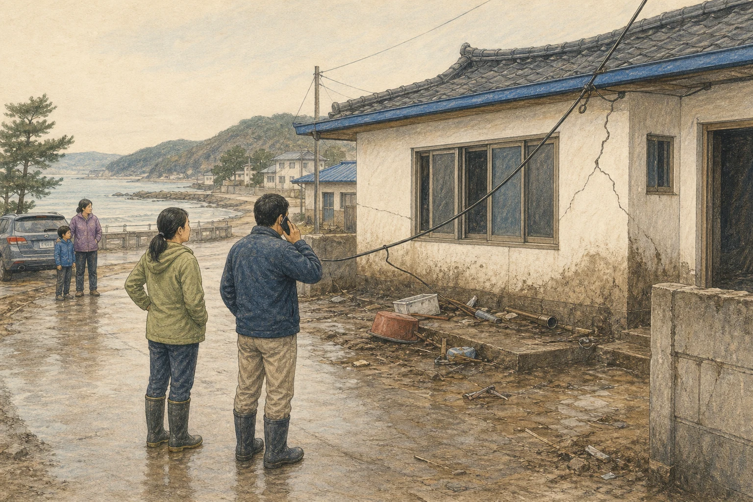 공식 귀가 허용 뒤 한국 해안 마을에서 두 성인이 아이를 높은 곳의 차량 곁에 남겨 두고 물이 빠진 집 밖 먼 거리에서 처진 전선과 벽 균열, 진흙과 잔해를 살피며 시설기관에 전화하는 상황 재구성 (AI 생성 삽화)