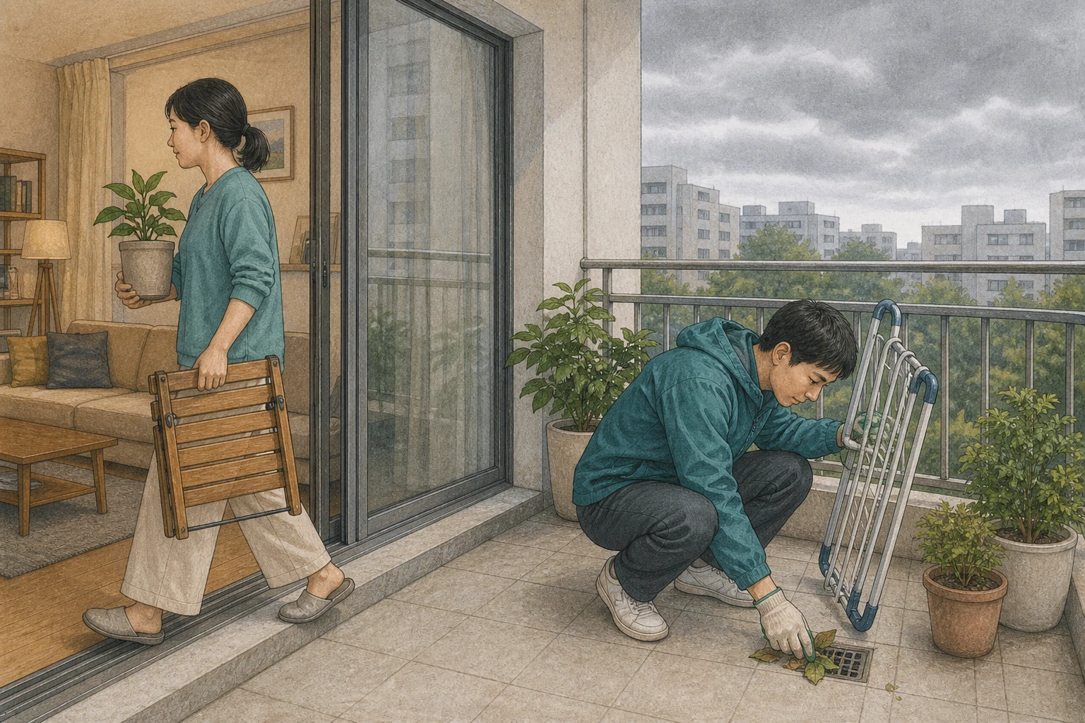 태풍 접근 전 흐린 낮의 한국 아파트 발코니에서 두 성인이 바람이 약할 때 작은 화분과 접이식 의자, 빨래건조대를 실내로 옮기고 장갑을 끼고 배수구 주변 낙엽을 치우는 상황 재구성 (AI 생성 삽화)