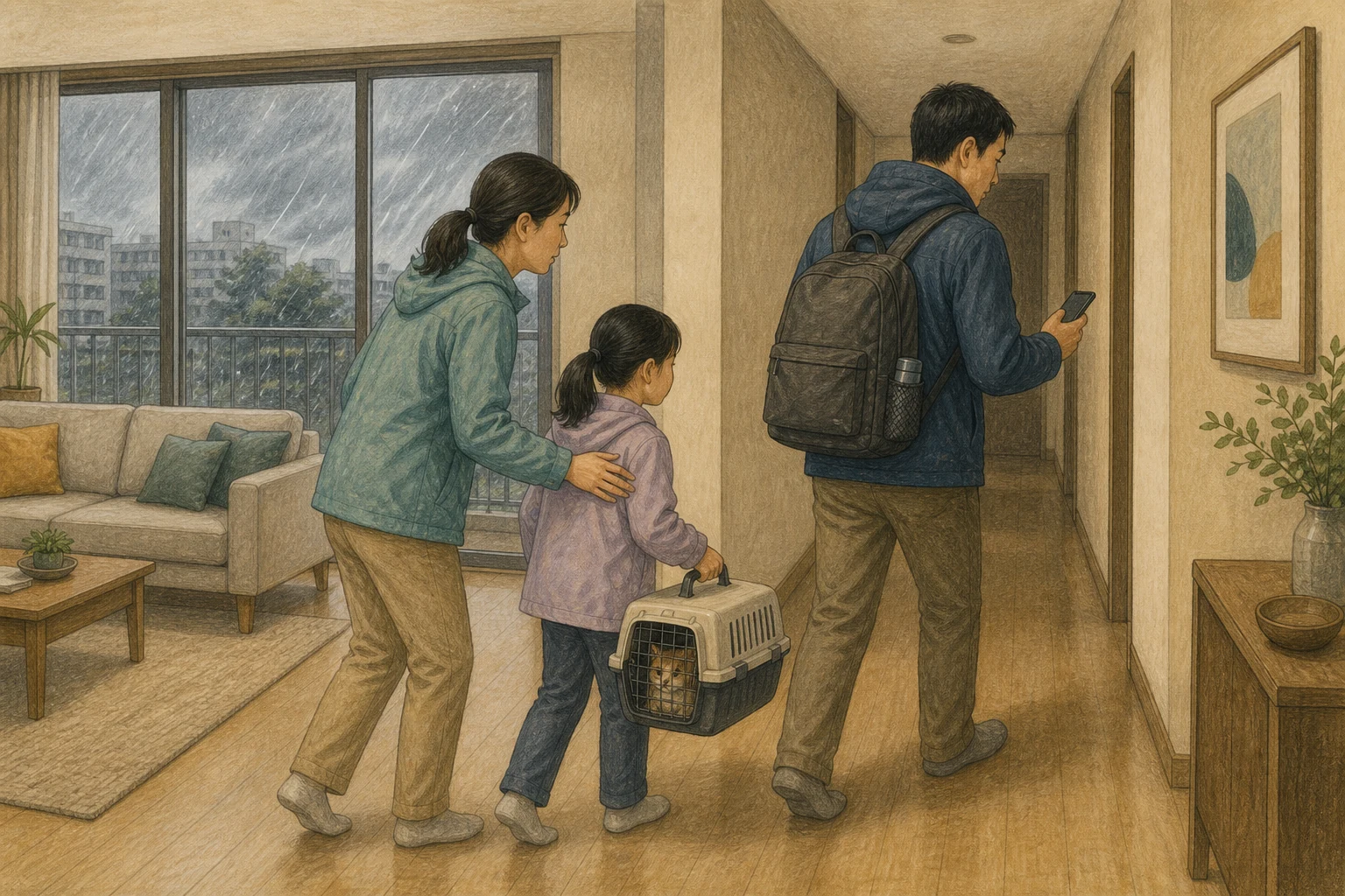 비바람이 거센 한국 아파트에서 가족이 거실의 큰 창을 등지고 아이와 반려동물, 작은 비상가방을 데리고 창문 없는 복도 안쪽으로 이동하는 상황 재구성 (AI 생성 삽화)