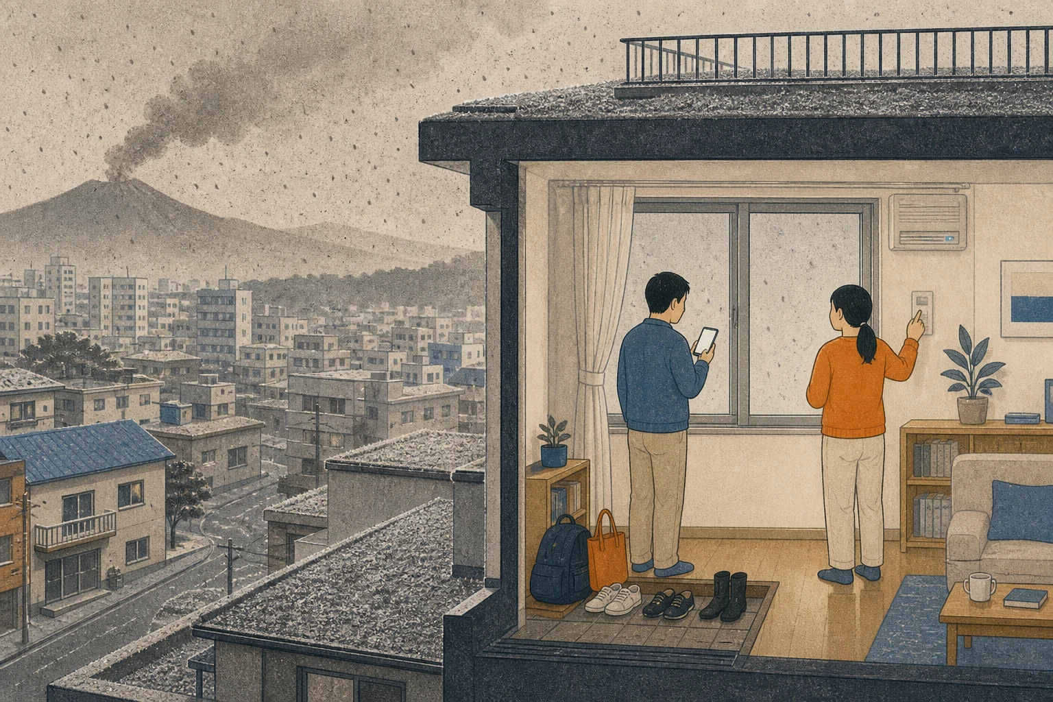 회색 화산재가 도시 지붕과 거리에는 쌓이고 아파트 안쪽 생활 공간은 분리되어 보이는 편집 삽화 (AI 생성 삽화)