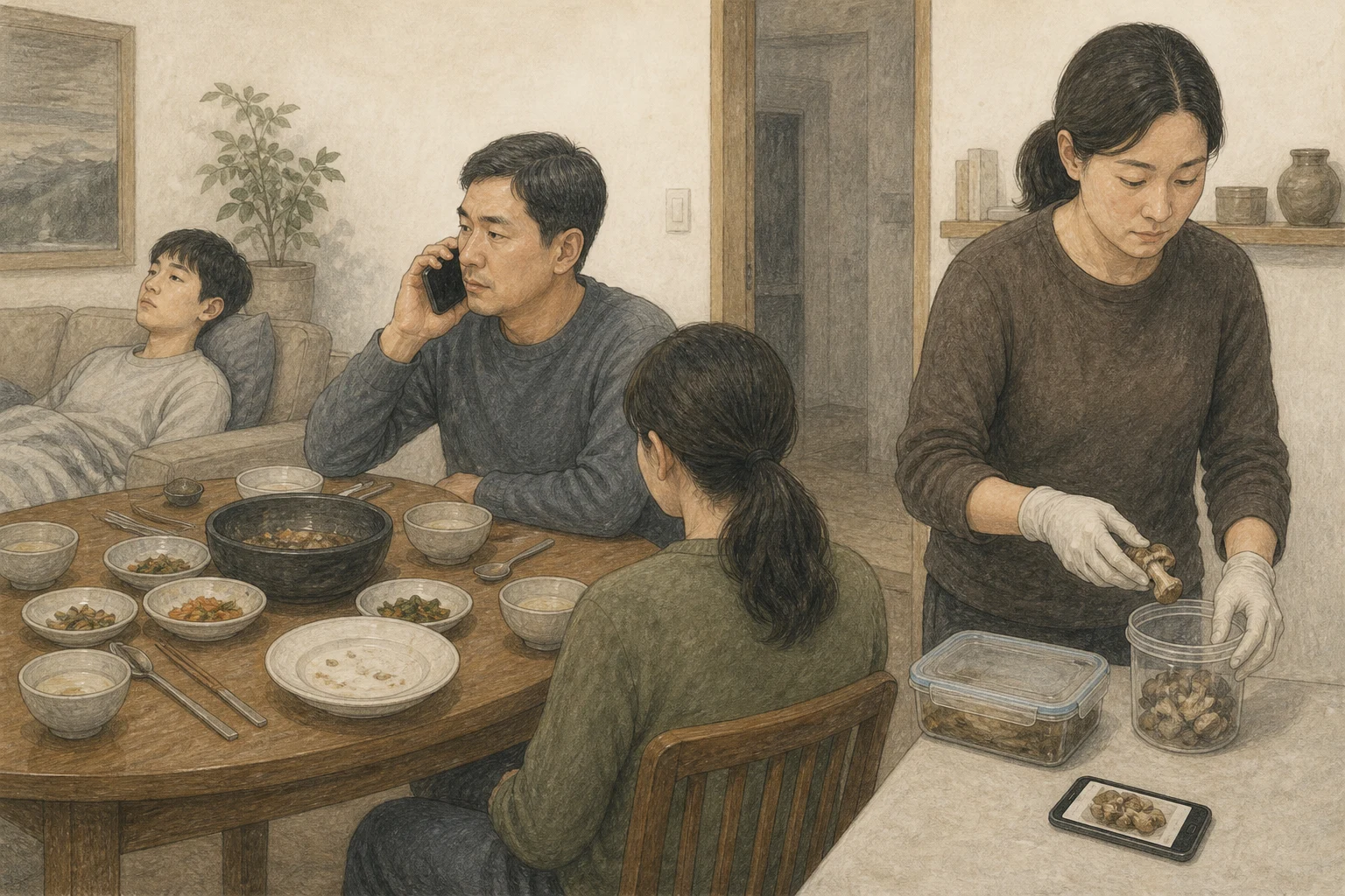 야생버섯 요리 뒤 가족이 식사를 멈추고 보호자가 남은 생버섯·조리 음식·사진을 각각 보존하며 119에 전화하는 AI 상황 재구성 (AI 생성 삽화)