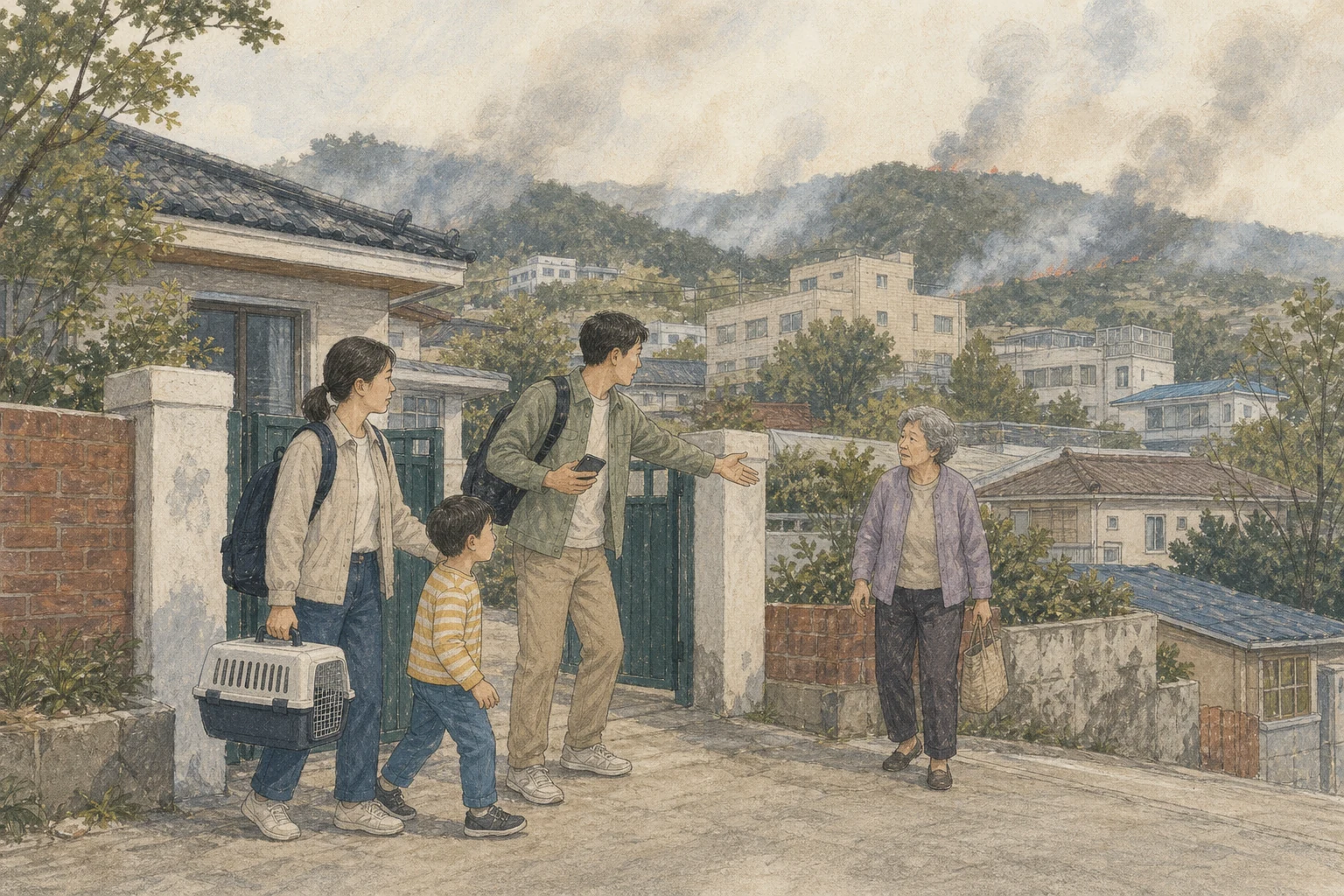 옅은 연기가 번지는 한국 산지 인접 주택가에서 가족이 작은 가방과 반려동물 이동장을 들고 현관을 나서며 옆집 어르신에게 대피를 알리는 상황 재구성 (AI 생성 삽화)