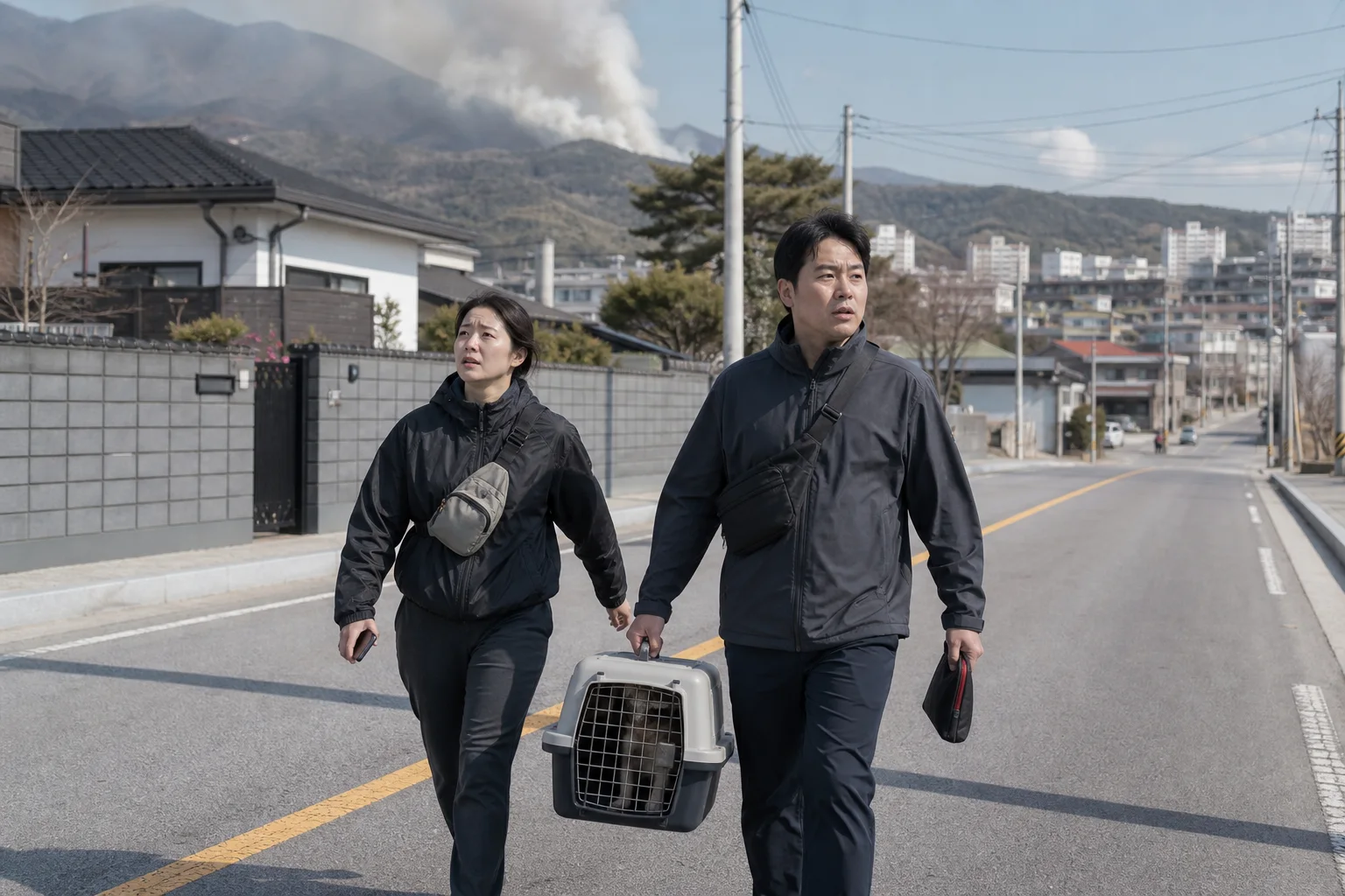 연기가 보이는 산과 닫힌 주택을 등진 두 사람이 작은 가방과 약, 휴대전화, 반려동물 이동장만 들고 맑은 도심 방향으로 이동하는 상황 재구성 (AI 생성 삽화)