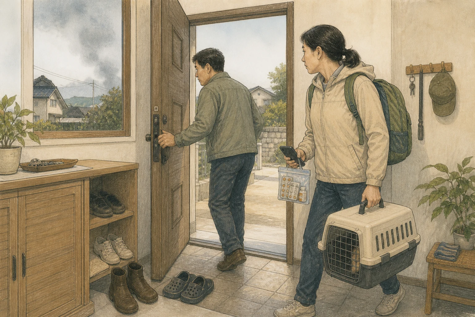 연기가 옅게 낀 한국 교외 주택 현관에서 두 사람이 작은 대피 가방과 약, 휴대전화, 반려동물 이동장만 챙긴 뒤 문을 닫고 출발하는 상황 재구성 (AI 생성 삽화)