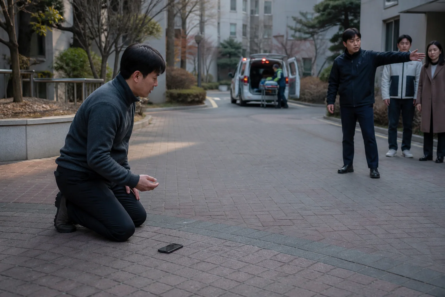 아파트 단지 바닥의 화면 밖 환자와 떨어진 곳에서 성인이 스피커폰 옆에 무릎을 꿇고 다른 성인은 주변 사람을 물린 채 구급차 진입로를 비우는 상황 재구성 (AI 생성 삽화)