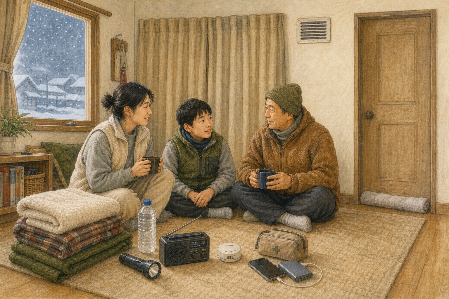 난방이 약해진 한국 주택에서 가족 세 명이 작은 내부 거실에 모여 얇은 옷을 여러 겹 입고 담요·물·손전등·배터리 라디오와 일산화탄소 경보기를 가까이 둔 상황 재구성 (AI 생성 삽화)