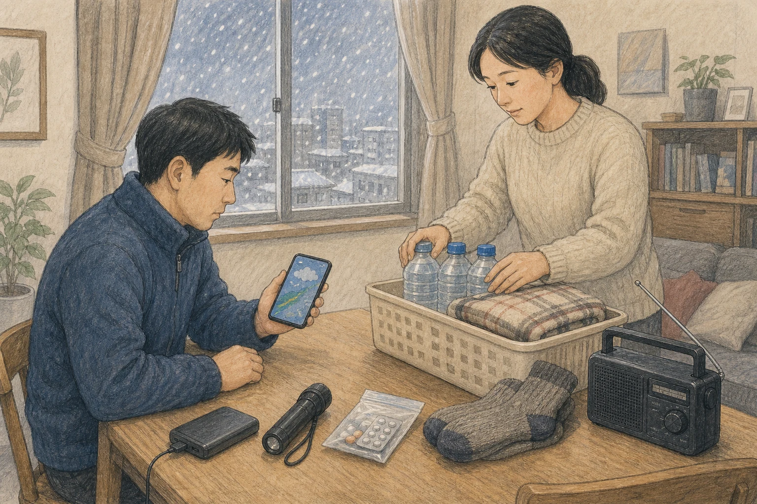 폭설 첫날 한국 아파트 식탁에서 두 사람이 휴대전화 기상정보, 보조배터리, 손전등, 물병, 처방약과 담요를 한곳에 모아 난방·전력·물·연락 상태를 점검하는 상황 재구성 (AI 생성 삽화)